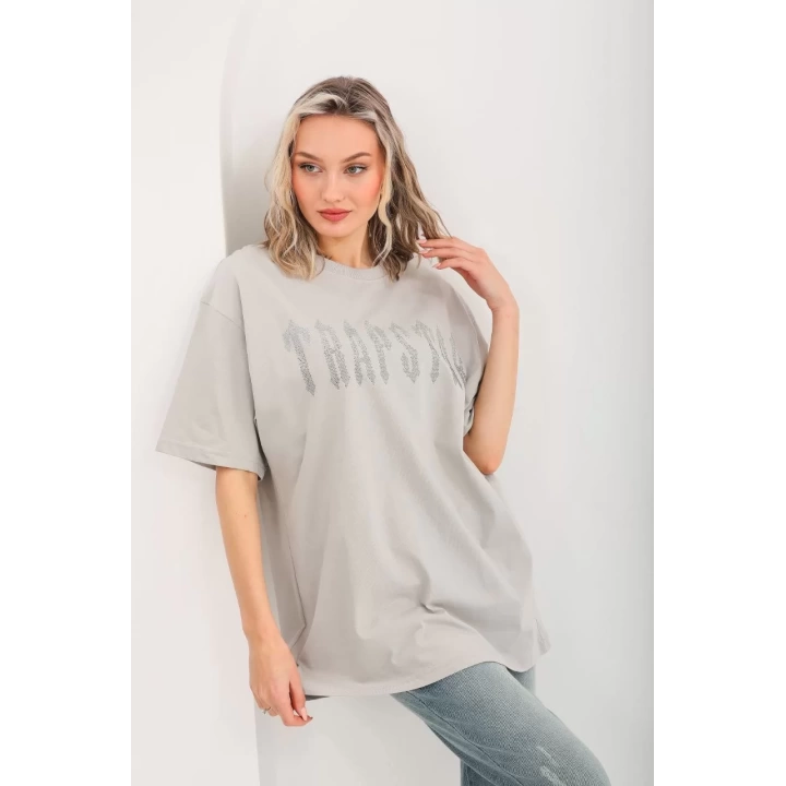 Unisex Taş Desenli Oversize T-Shirt - Gri