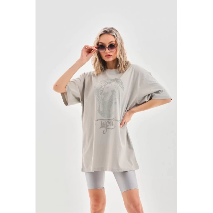 Unisex Taş Desenli Oversize T-Shirt - Gri