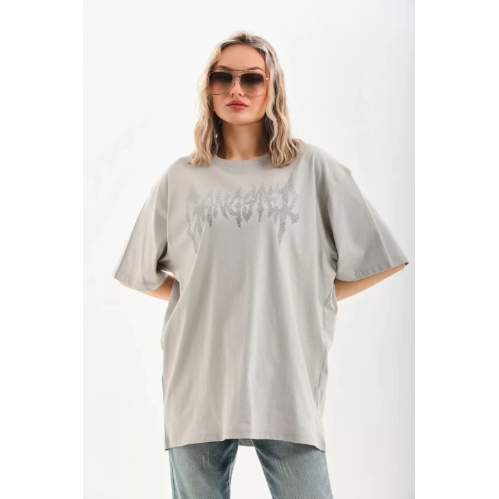 Unisex Taş Desenli Oversize T-Shirt - Gri