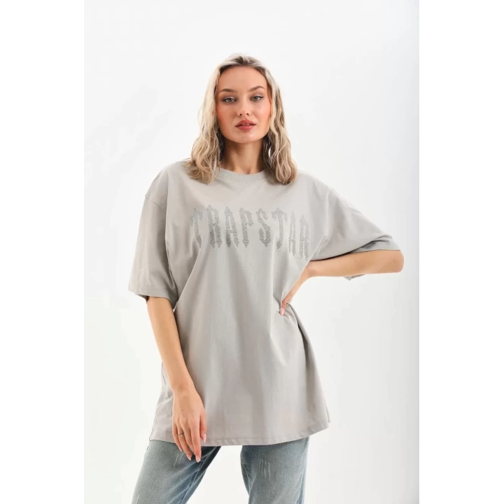 Unisex Taş Desenli Oversize T-Shirt - Gri