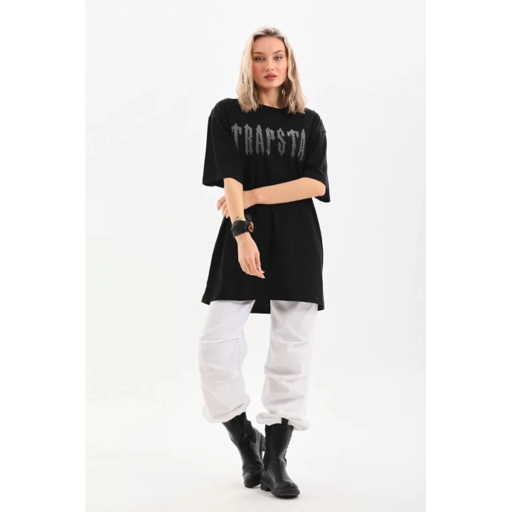 Unisex Taş Desenli Oversize T-Shirt - Siyah