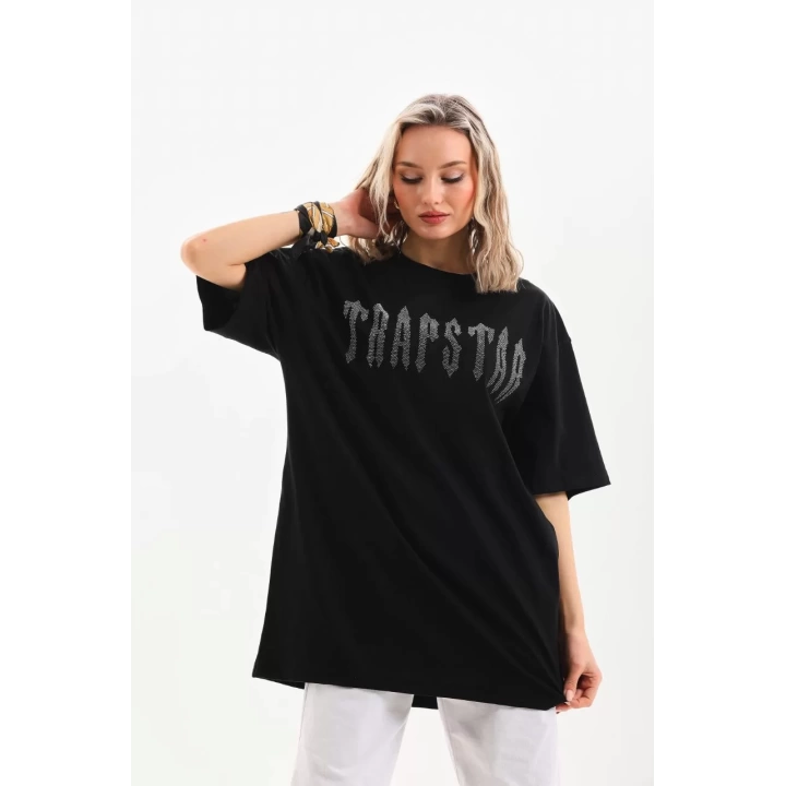 Unisex Taş Desenli Oversize T-Shirt - Siyah