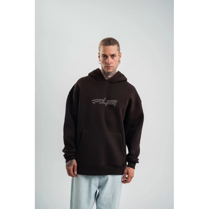 Unisex Üç İplik Kapşonlu Nakışlı SweatShirt - Kahve