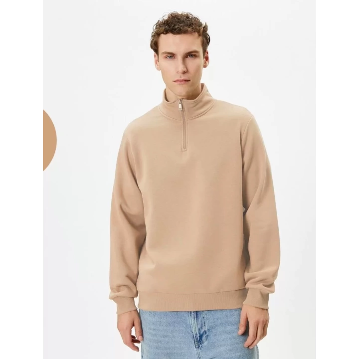 Unisex Uzun Kol Yarım Farmuarlı Yakalı Basic SweatShirt - Bej