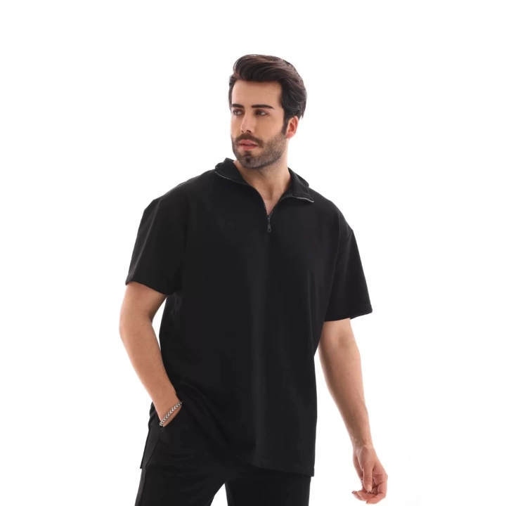 Unisex Yakalı Oversize T-Shirt Eşofmanlı Takım - Siyah