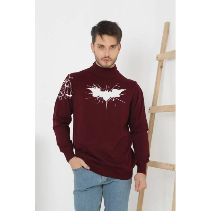 Unisex Yarım Boğazlı Baskılı Dokuma Triko - Bordo