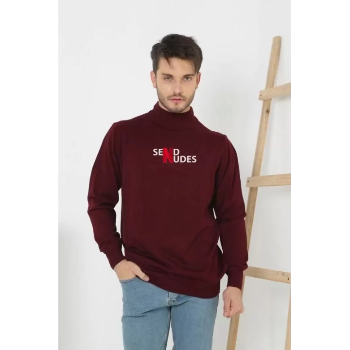 Unisex Yarım Boğazlı Baskılı Dokuma Triko - Bordo