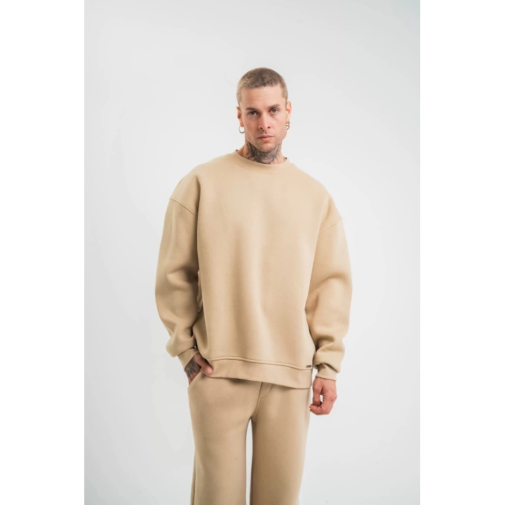 Uzun Kol Bisiklet Yaka Basic SweatShirt - Bej