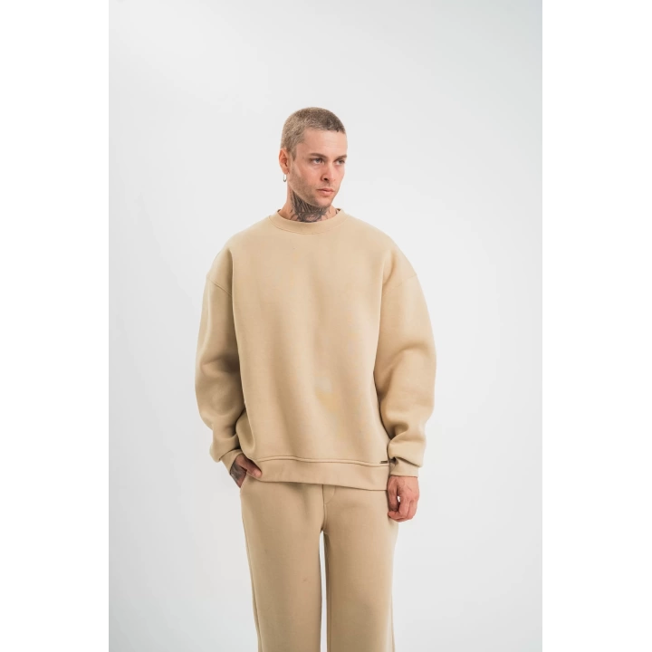 Uzun Kol Bisiklet Yaka Basic SweatShirt - Bej