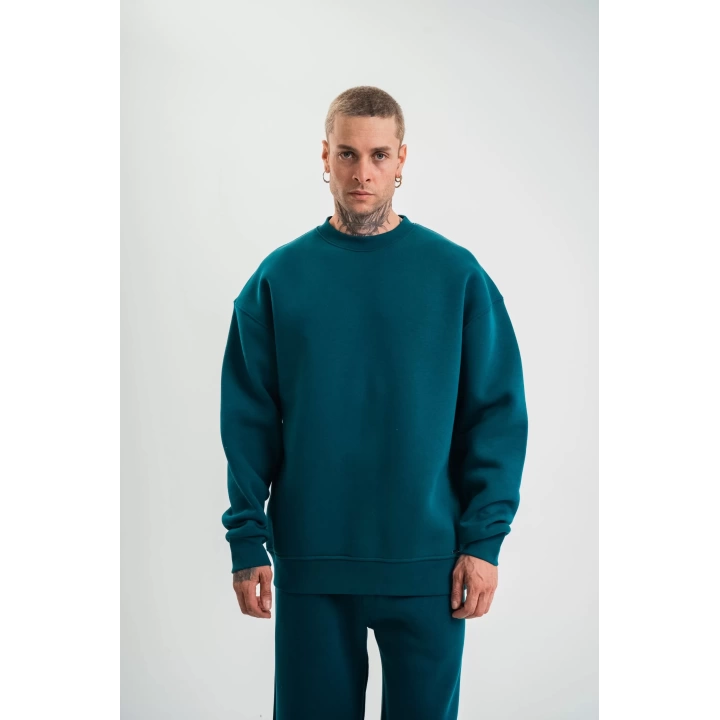 Uzun Kol Bisiklet Yaka Basic SweatShirt - Koyu Deniz Yeşili