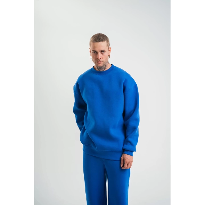 Uzun Kol Bisiklet Yaka Basic SweatShirt - Mavi