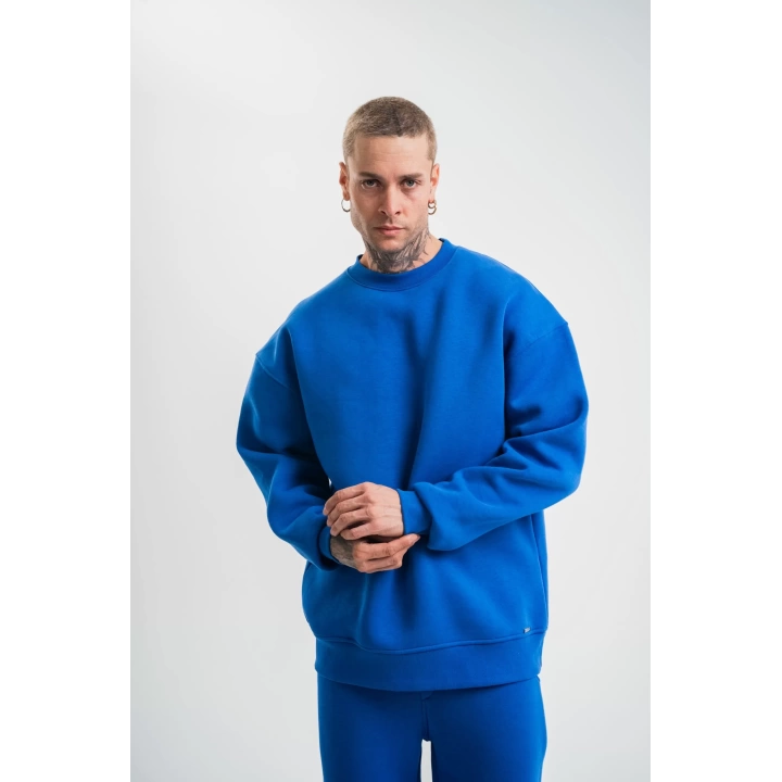 Uzun Kol Bisiklet Yaka Basic SweatShirt - Mavi