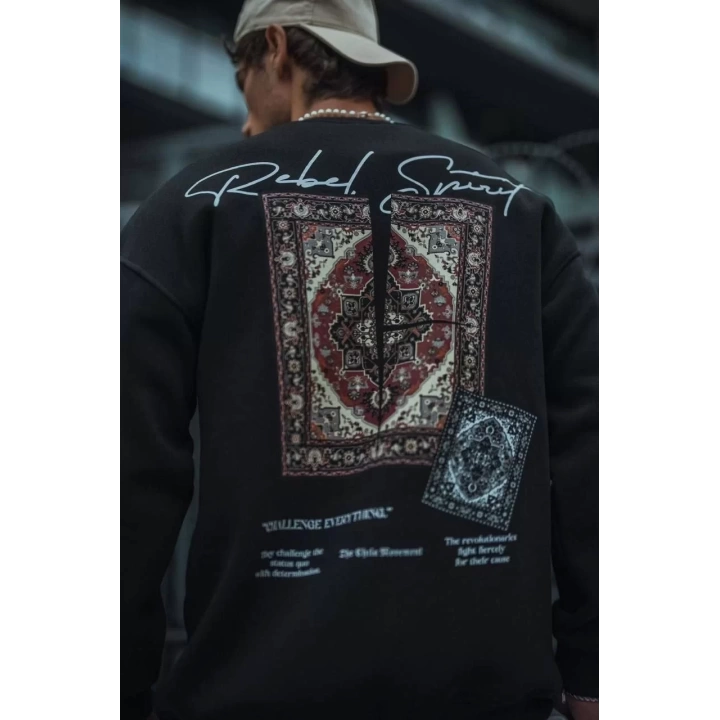 Uzun Kol Bisiklet Yaka Baskılı SweatShirt - Siyah