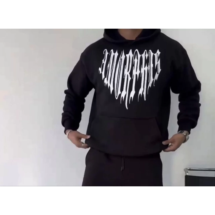 Uzun Kol Kapüşonlu Baskılı SweatShirt - Siyah