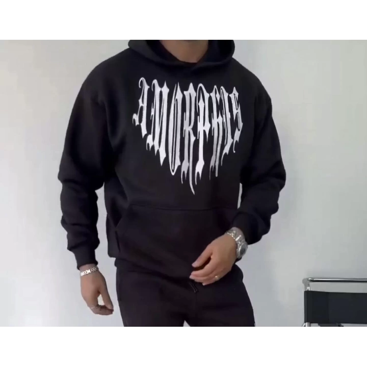 Uzun Kol Kapüşonlu Baskılı SweatShirt - Siyah