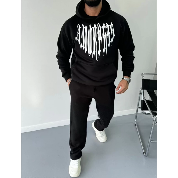 Uzun Kol Kapüşonlu Baskılı SweatShirt - Siyah