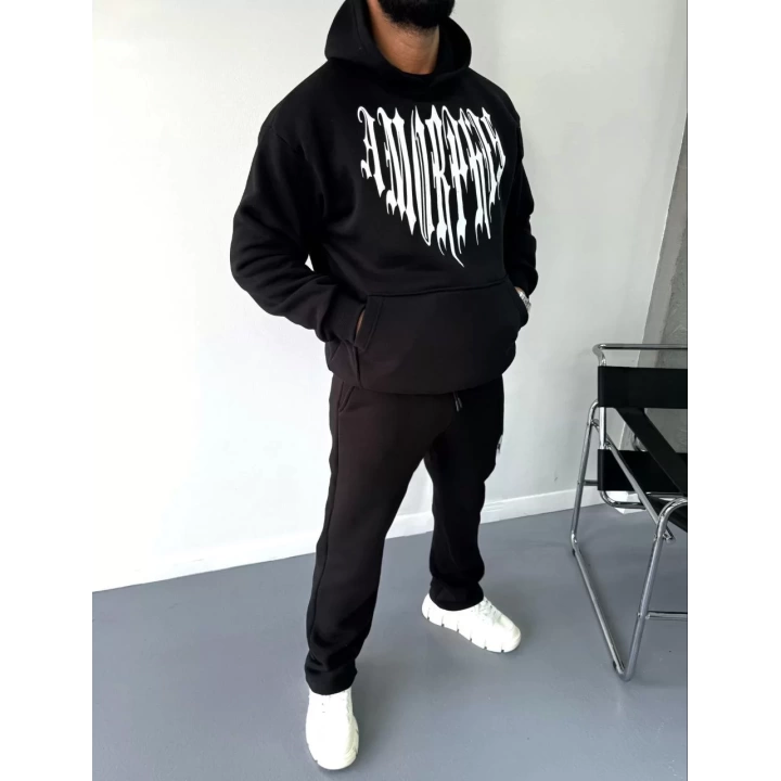 Uzun Kol Kapüşonlu Baskılı SweatShirt - Siyah