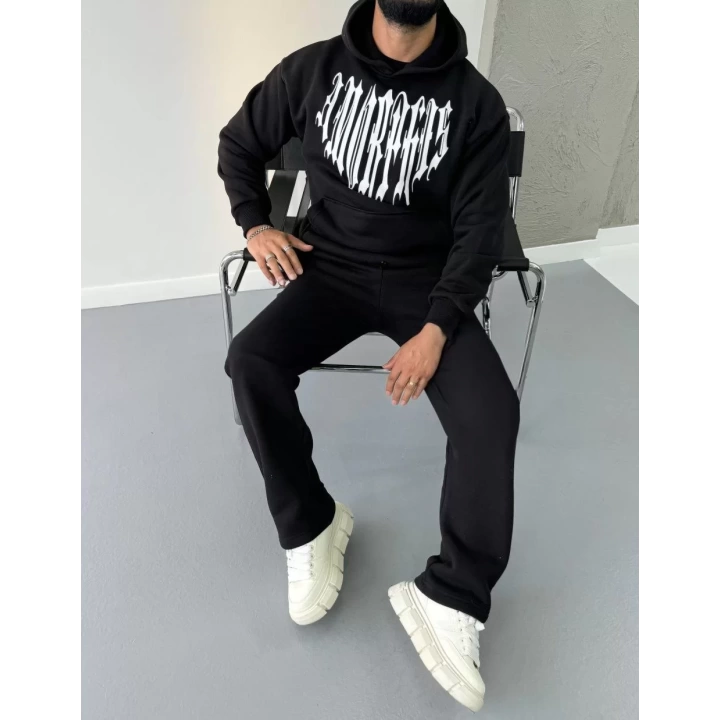 Uzun Kol Kapüşonlu Baskılı SweatShirt - Siyah