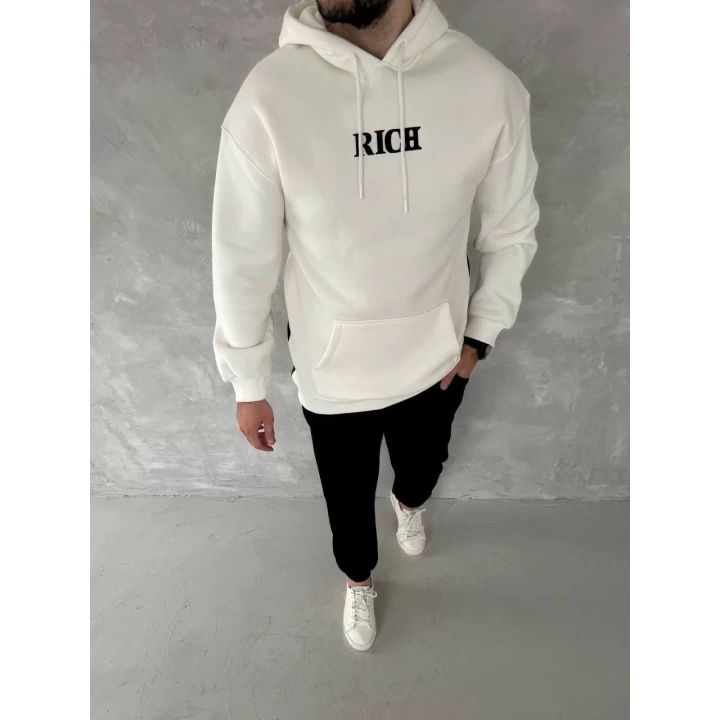 Uzun Kol Kapüşonlu Göğüs Baskılı SweatShirt - Beyaz