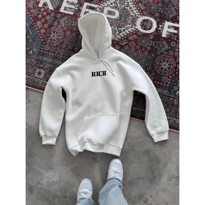 Uzun Kol Kapüşonlu Göğüs Baskılı SweatShirt - Beyaz