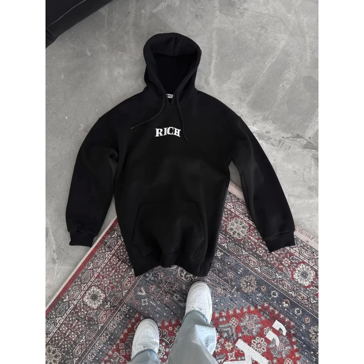 Uzun Kol Kapüşonlu Göğüs Baskılı SweatShirt - Siyah