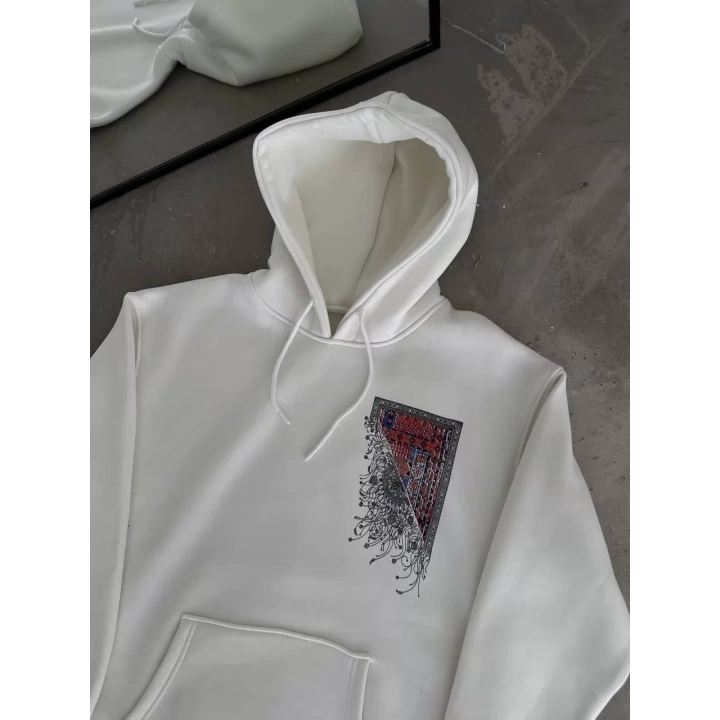 Uzun Kol Kapüşonlu Ön Ve Arka Baskılı SweatShirt - Beyaz