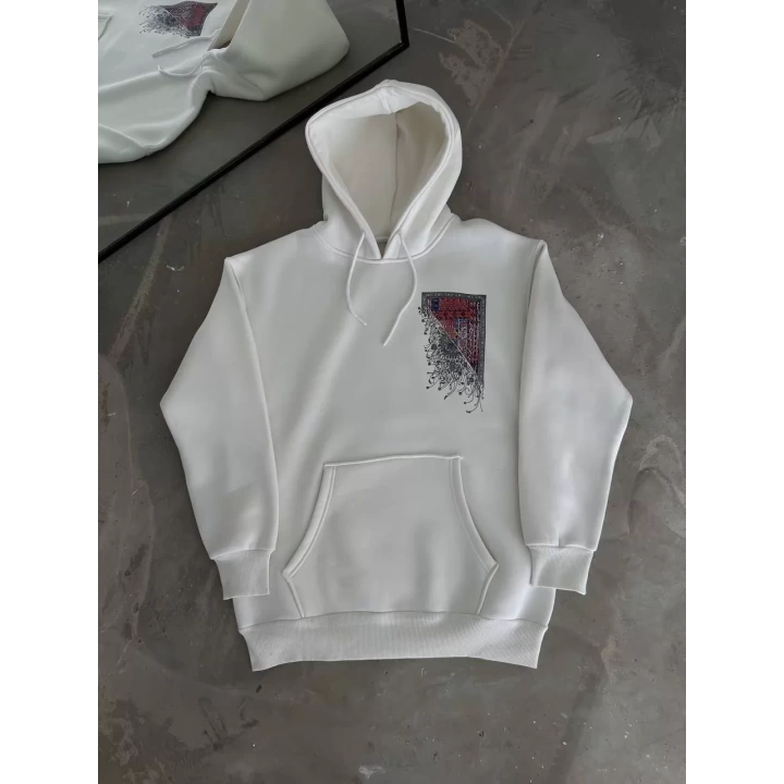 Uzun Kol Kapüşonlu Ön Ve Arka Baskılı SweatShirt - Beyaz