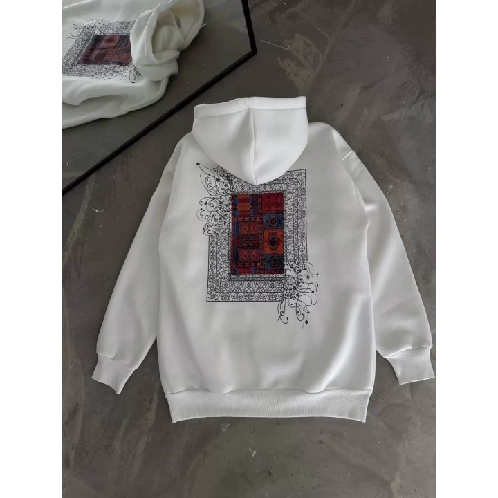 Uzun Kol Kapüşonlu Ön Ve Arka Baskılı SweatShirt - Beyaz