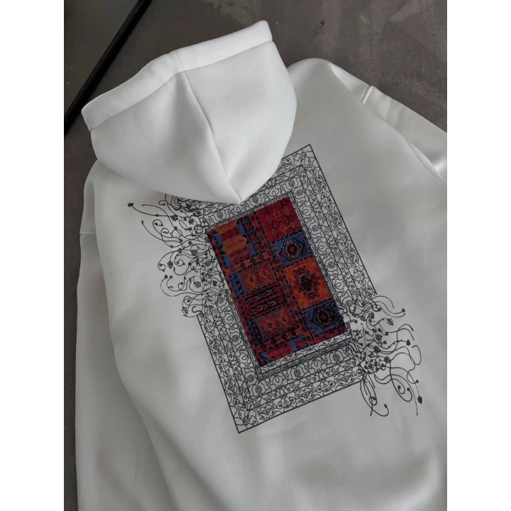 Uzun Kol Kapüşonlu Ön Ve Arka Baskılı SweatShirt - Beyaz