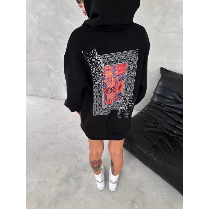 Uzun Kol Kapüşonlu Ön Ve Arka Baskılı SweatShirt - Siyah