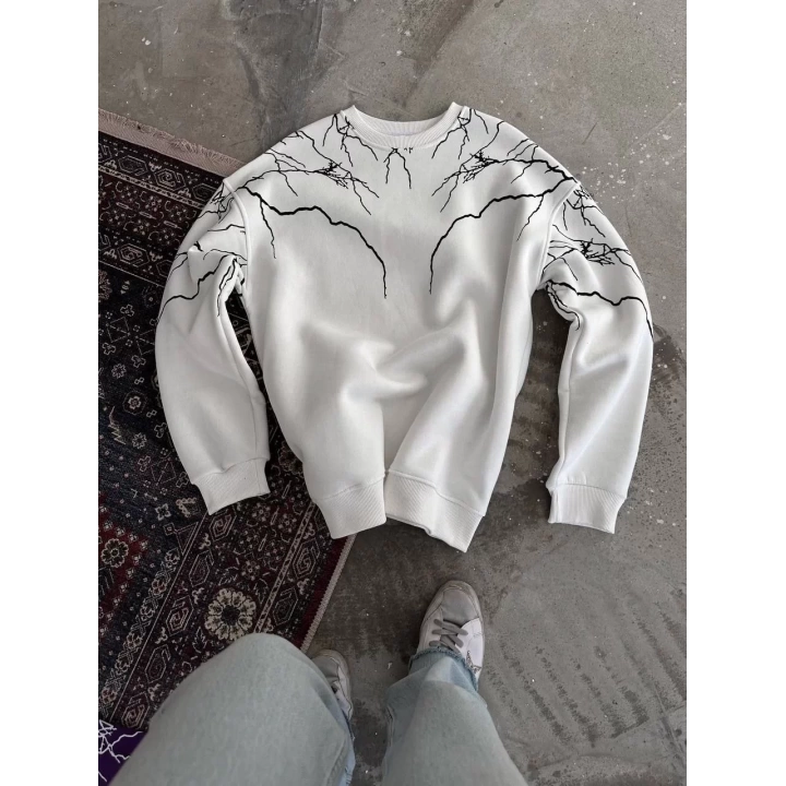 Yıldırım Baskılı Bisiklet Yaka SweatShirt - Beyaz