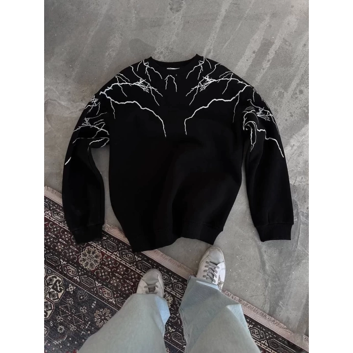 Yıldırım Baskılı Bisiklet Yaka SweatShirt - Siyah