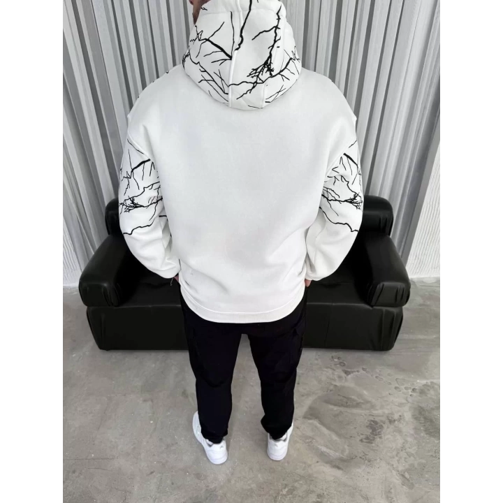 Yıldırım Baskılı Kapşonlu SweatShirt - Beyaz