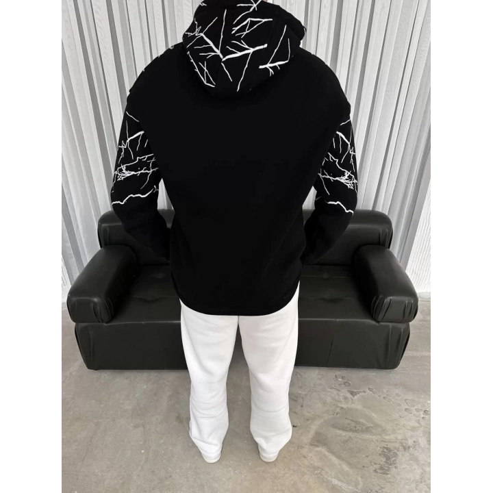 Yıldırım Baskılı Kapşonlu SweatShirt - Siyah