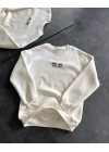 Bisiklet Yaka Üç İplik Baskılı Oversize SweatShirt - Beyaz