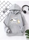 Çocuk Unisex Kapüşonlu Kedicik Baskılı Pamuklu Sweatshirt - Gri