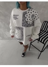 Desenli Üç İplik Bisiklet Yaka Oversize SweatShirt - Beyaz