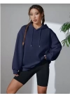 Kadın Uzun Kol Kapşonlu Basic Sweatshirt hoodie - Lacivert