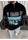 Erkek Yarım Fermuarlı Oversize Baskılı SweatShirt - Siyah