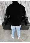 Erkek Yarım Fermuarlı Oversize Baskılı SweatShirt - Siyah