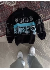 Erkek Yarım Fermuarlı Oversize Baskılı SweatShirt - Siyah