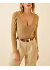 Kadın Fitilli Likralı Body Crop - Camel