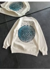 Kadın Üç İplik Bisiklet Yaka Baskılı SweatShirt - Beyaz