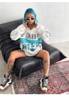 Kadın Yarım Fermuarlı Oversize Baskılı SweatShirt - Beyaz