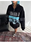 Kadın Yarım Fermuarlı Oversize Baskılı SweatShirt - Siyah