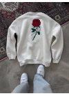 Oversize Üç İplik Bisiklet Yaka Baskılı SweatShirt - Beyaz