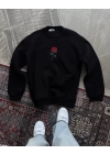 Oversize Üç İplik Bisiklet Yaka Baskılı SweatShirt - Siyah