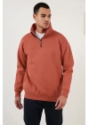 Oversize Yarım Farmuarlı Yakalı Özel Tasarım Basic SweatShirt - Beyaz