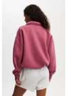 Oversize Yarım Farmuarlı Yakalı Basic SweatShirt - Gül Kurusu