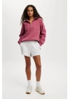 Oversize Yarım Farmuarlı Yakalı Basic SweatShirt - Gül Kurusu